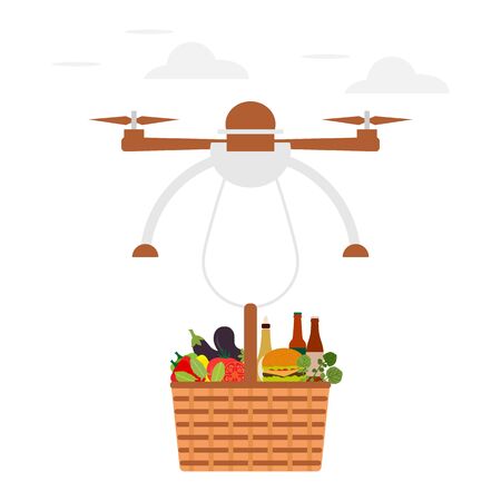 Vector illustration Drone flying through the air and carries food basket on white background. Fast delivery to customer. Future transportation concept. Design for poster, website, printのイラスト素材