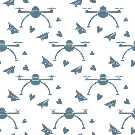 Vector seamless pattern Drone, paper airplane, hearts Valentine's day, wedding, Birthday. Romantic background Fast delivery to customer Future transportation concept Design for wrapping, fabric, printのイラスト素材