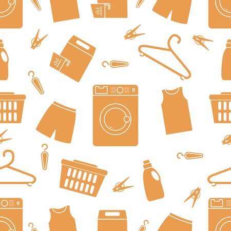 Vector seamless pattern Washing machine, laundry basket, laundry detergents, hanger, clothespins, clothes. Washing clothes. Domestic household chores, laundromat tasks Laundry service Design for printのイラスト素材