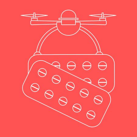 Vector illustration Drone carries pills on white background Drone flying through the air and delivers medicine Fast delivery to customer Future transportation concept Design for poster, website, printのイラスト素材