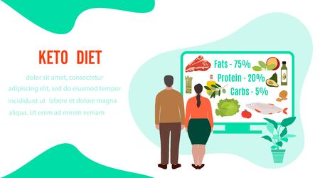 Vector illustration People Display showing keto-based healthy foods. Healthy lifestyle, proper nutrition. Fats, proteins, low carbs ketogenic diet food. Design for app, websites, print, presentationのイラスト素材
