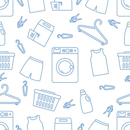 Vector seamless pattern Washing machine, laundry basket, laundry detergents, hanger, clothespins, clothes. Washing clothes. Domestic household chores, laundromat tasks Laundry service Design for printのイラスト素材