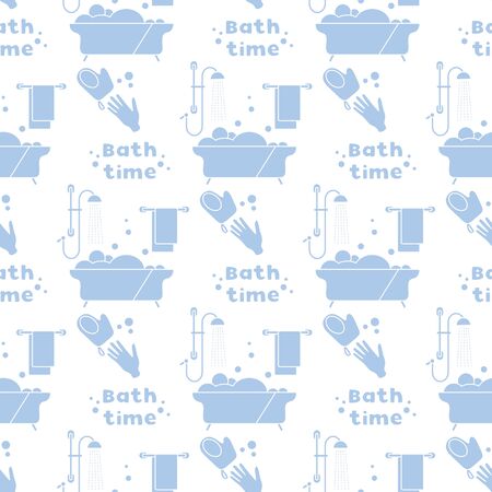 Vector seamless pattern Bath, shower, washcloth, hand, bubbles, towel, hanger. Bath time concept. Bathtub. Bathroom set, washing, bathing, cleanliness background. Design for wrapping, fabric, printのイラスト素材