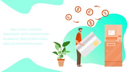 Vector illustration Man with bank card near ATM. Cash withdrawal, currency exchange at automated teller machine. Financial transactions using ATM. Electronic technology. Design for web page, printのイラスト素材