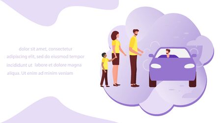 Vector illustration People use taxi service, family trip, person drives people, hitchhiking on white background. Mobile city transportation. Cab business Professional driver Design for websites, printのイラスト素材