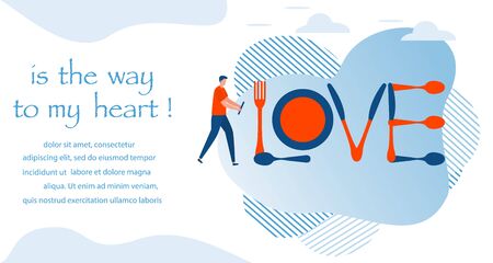 Vector illustration Inscription love from cutlery, people. Valentine's day, wedding, Birthday. Love concept. Romantic background. Design for landing page, websites, printのイラスト素材