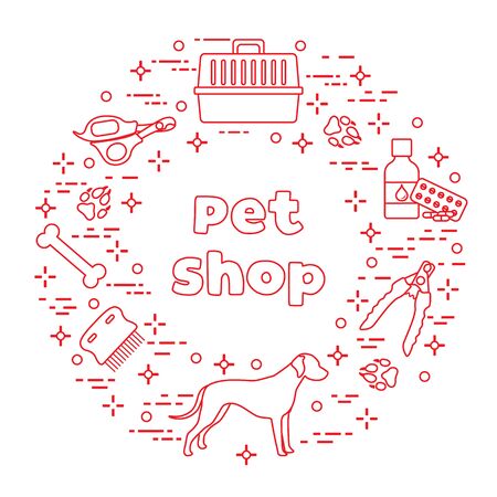 Vector illustration Dog, paw tracks, bone, comb, scissors, carrying, medicine, clipper on white background. Pet shop, veterinary clinic, shelter background Pet care accessory Design for website, printのイラスト素材