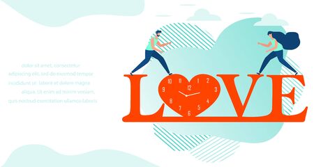 Vector illustration Inscription love, clock, heart, people. Valentine's day, wedding, Birthday, Mother's day Father's day. Love concept. Romantic background. Design for printのイラスト素材