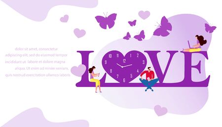 Vector illustration Inscription love, clock, heart, people. Valentine's day, wedding, Birthday, Mother's day Father's day. Love concept. Romantic background. Design for printのイラスト素材
