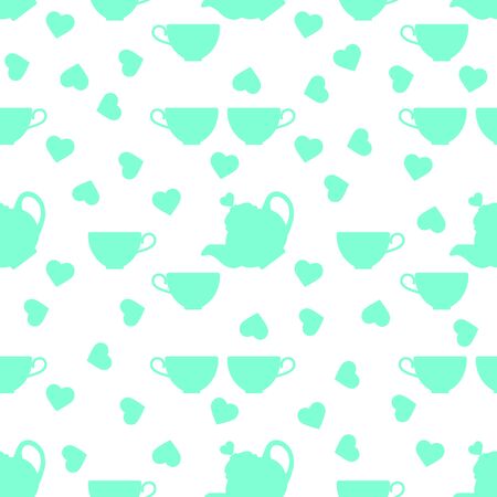 Vector seamless pattern Happy Valentine's Day Kettle, cup of tea, hearts. Romantic background. Love, relationship, dating concept. Greeting card. Design for party card, banner, poster or print.のイラスト素材