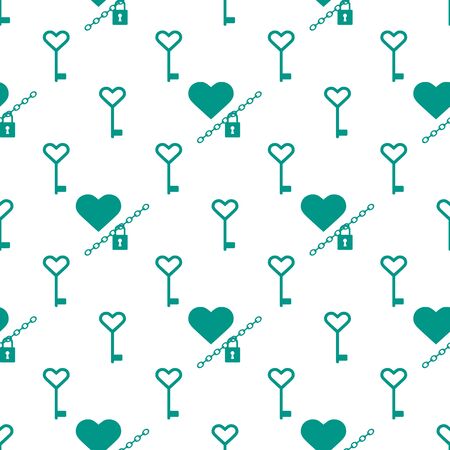 Vector seamless pattern Happy Valentine's Day Heart with chain on the lock, keys. Romantic background. Love, relationship, dating concept. Greeting card. Design for banner, poster or print.のイラスト素材
