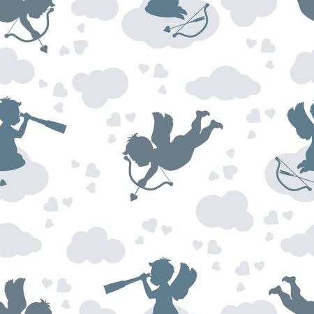 Vector seamless pattern Happy Valentine's Day Cupid shoots bow, angel sits on cloud, looks into a telescope, hearts, arrow Wedding Romance, feelings Love, relationship, dating concept Design for printのイラスト素材