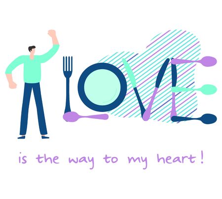 Vector illustration Inscription love from cutlery, people. Valentine's day, wedding, Birthday. Love concept. Romantic background. Design for landing page, websites, printのイラスト素材