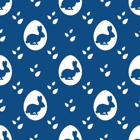 Vector seamless pattern Happy Easter. Easter eggs with Bunny, leaves. Festive background. Surprise Hunt for Easter eggs. Fun game for children. Design for packaging, fabric, print.のイラスト素材