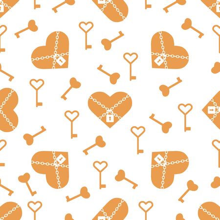 Vector seamless pattern Happy Valentine's Day Heart with chain on the lock, keys. Romantic background. Love, relationship, dating concept. Greeting card. Design for banner, poster or print.のイラスト素材