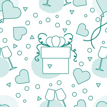 Vector seamless pattern Happy Valentine's Day, Wedding, Birthday, Wedding, Mother's day Father's day. Glasses, hearts, gift. Romantic background. Feelings Love Relationship. Design for fabric, printのイラスト素材