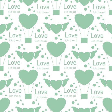 Vector seamless pattern Happy Valentine's Day, Wedding. Air balloon, heart with wings, inscription Love is in the air. Romantic background. Feelings Love Relationship concept. Design for fabric, printのイラスト素材