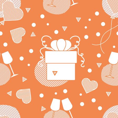 Vector seamless pattern Happy Valentine's Day, Wedding, Birthday, Wedding, Mother's day Father's day. Glasses, hearts, gift. Romantic background. Feelings Love Relationship. Design for fabric, printのイラスト素材