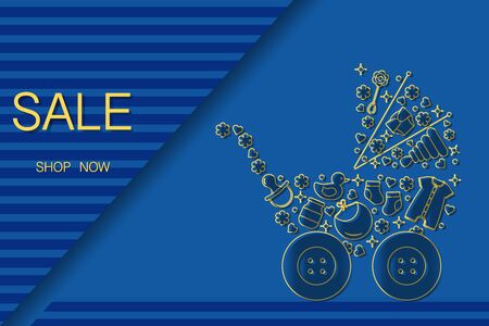 Vector illustration Baby stroller, goods for babies. Sale template Shop now Shopping background Big sale offer Price reduction advert Purchase Discount Advertising Design for banner, poster or printのイラスト素材