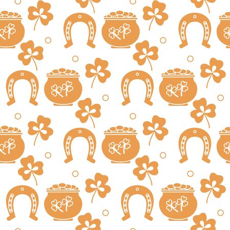 Seamless pattern with clover leaves, pot of gold, horseshoe. St. Patrick's Day. Holiday background. Irish vector pattern. Design for banner, poster, textile, print.のイラスト素材