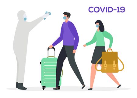 Vector illustration COVID-19 2019-nCoV virus Pandemic Man in hazmat suit remotely measures temperature to passengers. Pathogen respiratory coronavirus SARS Stop Design for website, printのイラスト素材