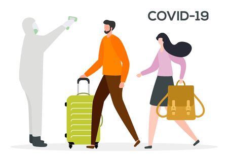 Vector illustration COVID-19 2019-nCoV virus Pandemic Man in hazmat suit remotely measures temperature to passengers. Pathogen respiratory coronavirus SARS Stop Design for website, printのイラスト素材