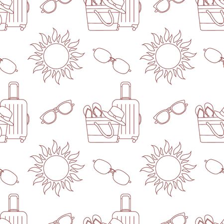 Vector travel seamless pattern Illustration with suitcase, beach bag, flip flops, sun, sun hat,...