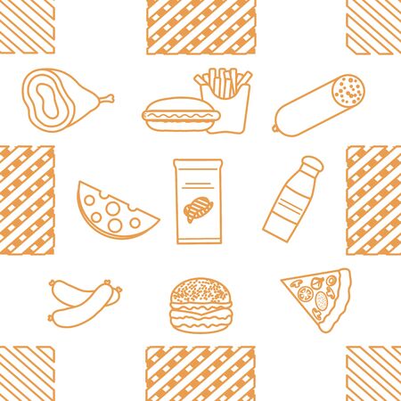 Seamless pattern with food. Sausage, hamburger, cheese, pizza, french fries, chips, hot dog, ham.  Unhealthy lifestyle. Fast food Snack Picnic. Harmful eating habits Design for wrapping, fabric, printのイラスト素材