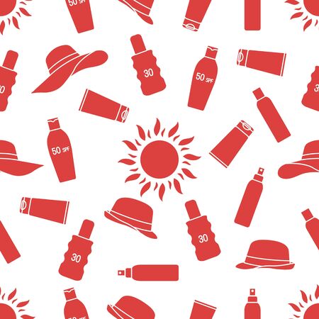 Vector seamless pattern Travel illustration Sun, sun hats, sunscreen cream, lotion, milk Skin protection from solar ultraviolet radiation Summer time, holiday background Design wrapping, fabric, printのイラスト素材