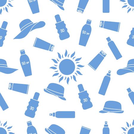 Vector seamless pattern Travel illustration Sun, sun hats, sunscreen cream, lotion, milk Skin protection from solar ultraviolet radiation Summer time, holiday background Design wrapping, fabric, printのイラスト素材
