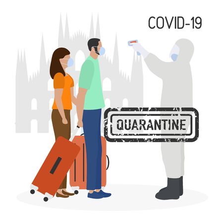 Vector illustration Quarantine. Returning infected tourists home. Coronavirus virus COVID-19 Quarantine Pandemic Reducing risk of infection, disease prevention measures Stay at home. Health careのイラスト素材