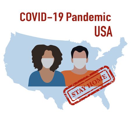 Vector illustration USA Map Covid-19 People in protective masks. Quarantine. Pandemic. Stop the spread of corona virus 2019-nCoV Protection, infection prevention Pathogen respiratory Design for printのイラスト素材