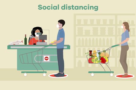 Vector illustration Social distancing. Coronavirus COVID-19. People in masks stand at marks at distance from each other in store, supermarket. Pandemic. Reducing risk of infection, prevention measuresのイラスト素材
