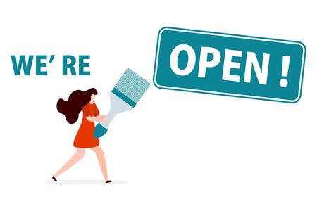 Vector illustration Opening of building materials store, shop with redecorating tool after coronavirus quarantine. People. House Repair, renovation, house building. COVID-19 Open Design for web, printのイラスト素材