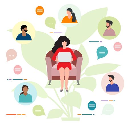 Vector illustration People Remote work. Work chat on devices. Quarantine COVID-19. Video conference for collective discussion online. Webinar Presentation Business consulting,  virtual meeting conceptのイラスト素材