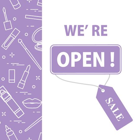 Vector illustration Reopening of cosmetics store, beauty shop after COVID-19 quarantine coronavirus pandemic Sign We're open Tag Sale Purchase Discount Decorative cosmetics, makeup Shopping backgroundのイラスト素材