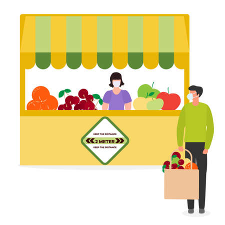 Vector illustration People Social distancing Market Selling vegetables, fruits, berries keep social distance New normal concept and physical distancing New behavior after COVID-19 coronavirus pandemicのイラスト素材