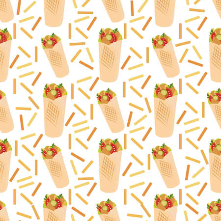 Vector seamless pattern Illustration Tortilla wraps with grilled chicken fillet and fresh vegetables. Street lunch. Takeaway food. Kebab. Concept for cafe, bistro menu card. Design for wrapping, printのイラスト素材