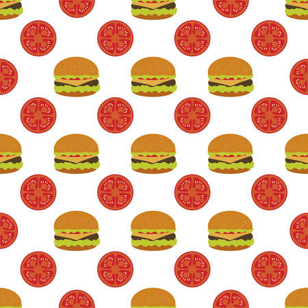 seamless pattern Illustration burger. Street lunch American Takeaway Fast food. Delicious sandwich. Concept for cafe, bistro, burgers restaurant menu card. Junk food. Design for wrapping, printのイラスト素材