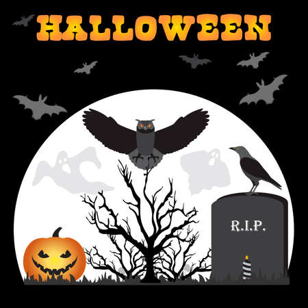 Halloween Party illustration Full moon, bat, tree, owl, raven, candle, grave, ghosts, Jack O'Lantern. Inscription Halloween. Festive background. Design for party card, printのイラスト素材