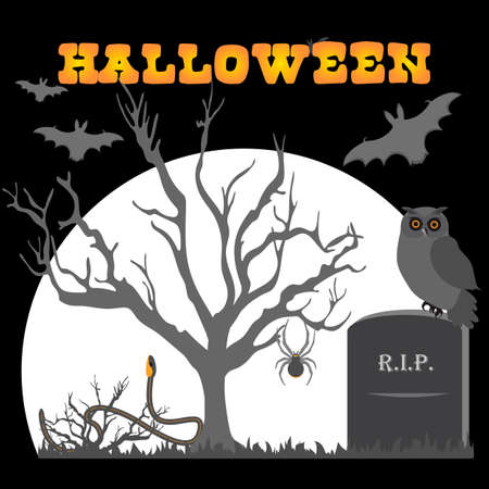 Halloween Party Vector illustration Full moon, bat, tree, owl, grave, snake, spider. Inscription Halloween. Festive background. Design for party card, printのイラスト素材