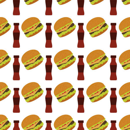 Vector seamless pattern Illustration burger. Street lunch American Takeaway Fast food. Delicious sandwich. Concept for cafe, bistro, burgers restaurant menu card. Junk food. Design for wrapping, printのイラスト素材