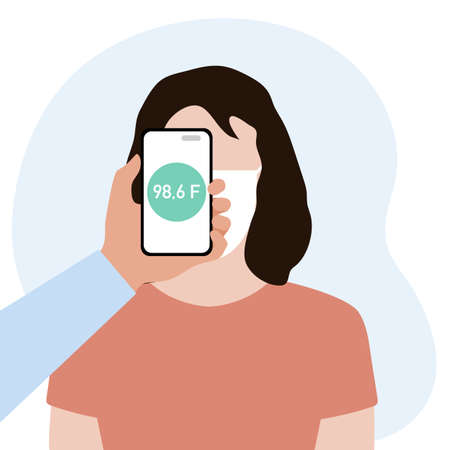 Vector illustration Phone placed on forehead of person remotely measures temperature. New technology. New normal. Measurement of human body temperature at a distance. Health, medicine Design for printのイラスト素材