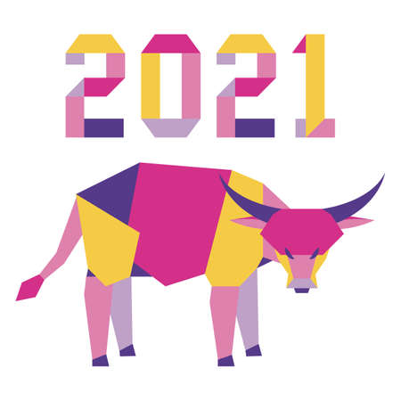 Happy new year Vector illustration with origami 2021 year numbers and bull. Bull annual animal zodiac sign, symbol of 2021 on the Chinese calendar. Year of the ox. Chinese horoscope. Design for printのイラスト素材