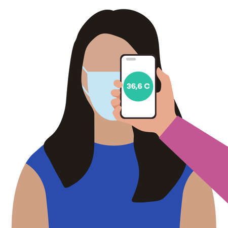 Vector illustration Phone placed on forehead of person remotely measures temperature. New technology. New normal. Measurement of human body temperature at a distance. Health, medicine Design for printのイラスト素材