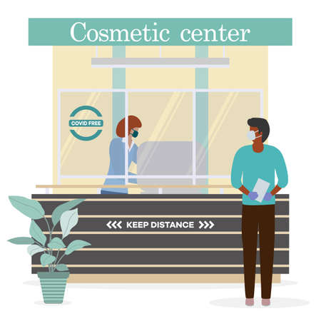 Vector illustration Cosmetic center. Reception room. Receptionist in protective medical mask and gloves behind workplace and customer. New normal. Cosmetology Health care concept Design for web, printのイラスト素材