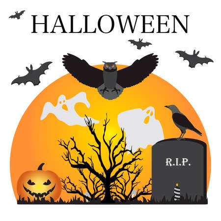 Halloween Party Vector illustration Full moon, bat, tree, owl, grave, candle, raven, Jack O'Lantern, ghosts, mushrooms. Inscription Halloween. Festive background. Design for party card, printのイラスト素材
