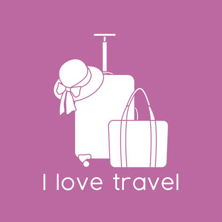 Vector illustration Suitcase, sun hat, beach bag isolated on color background. I love travel. Summer time, vacation, holiday, leisure. Concept for travel agency. Design for web page, printのイラスト素材