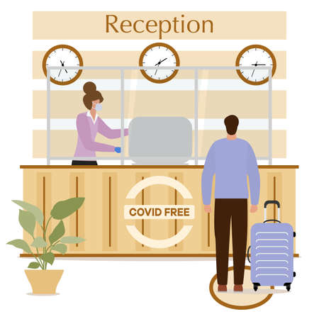 Vector illustration Reopening of Hotel hostel guesthouse lobby after COVID-19 quarantine. Person with suitcase stands at hotel reception, receptionist makes check in hotel room. COVID free New normalのイラスト素材