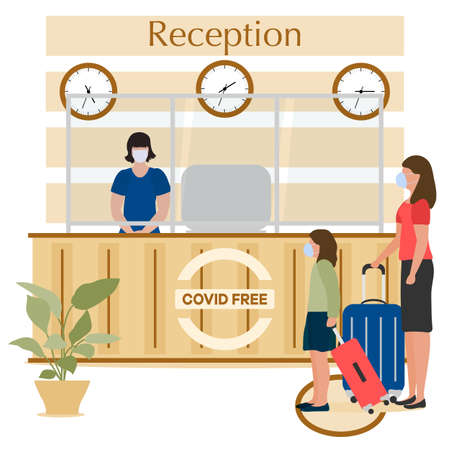 Vector illustration Reopening of Hotel hostel guesthouse lobby after COVID-19 quarantine. Person with suitcase stands at hotel reception, receptionist makes check in hotel room. COVID free New normalのイラスト素材